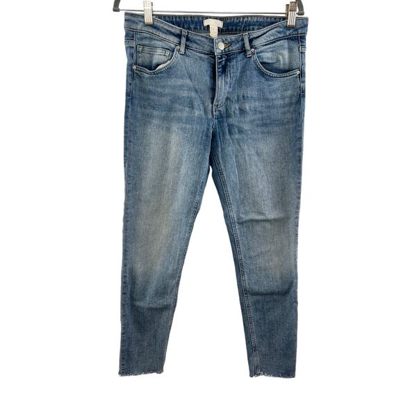 H&M Conscious Medium Wash Blue Skinny Jeans Raw Frayed Hem Mid-Rise Size 10 40 - Picture 1 of 6